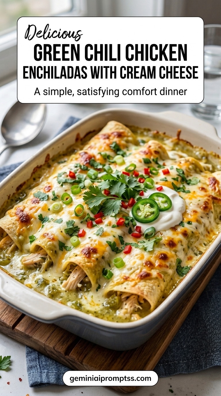 Green Chili Chicken Enchiladas With Cream Cheese finished recipe with cream cheese for a rich enchilada filling