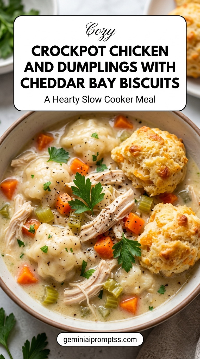 Crockpot Chicken and Dumplings with Cheddar Bay Biscuits showing slow-cooker chicken and vegetables topped with golden cheddar-garlic biscuit dumplings