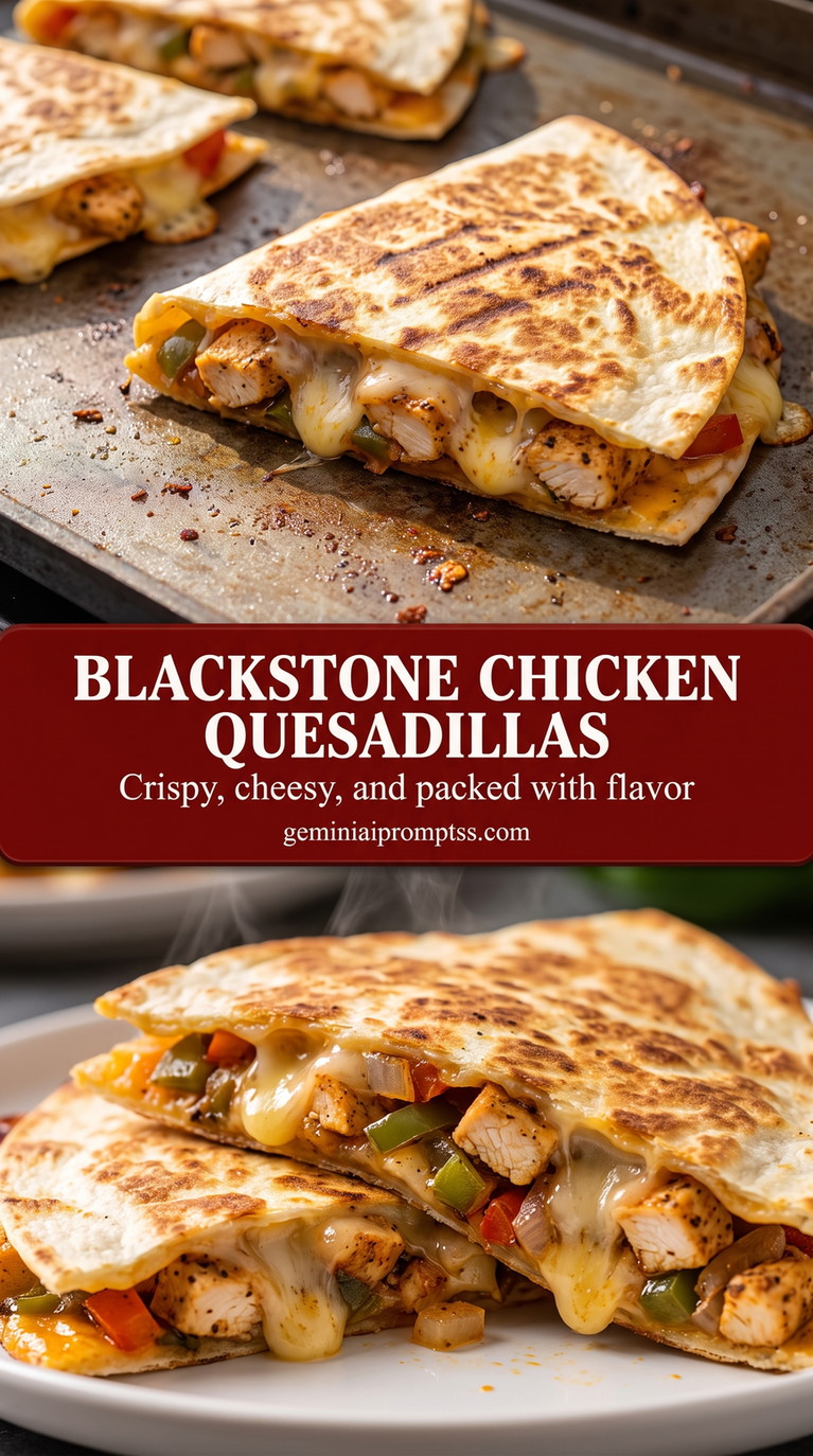Blackstone chicken quesadillas with peppers with griddle-seared chicken, peppers, tortillas, and browned cheese edges