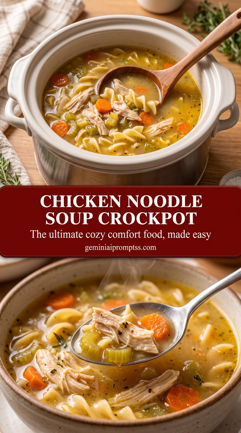 Chicken Noodle Soup Crockpot with tender chicken, noodles, carrots, celery, clear golden broth, and a light herb finish