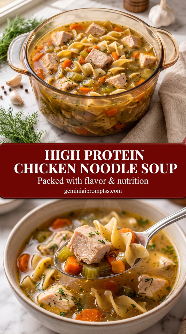 High-Protein Chicken Noodle Soup with White Beans finished dish with high-protein chicken noodle soup with white beans