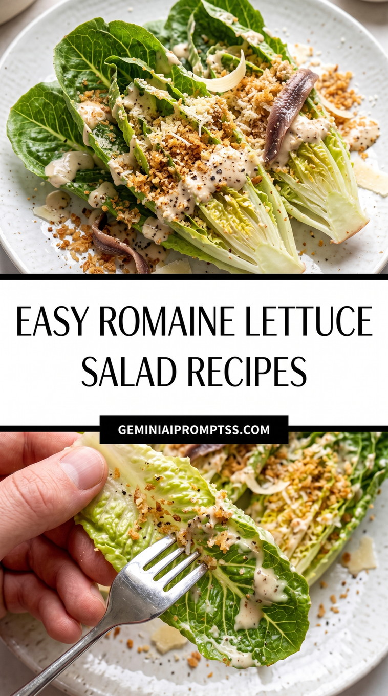 Easy Romaine Lettuce Salad Recipes showing romaine hearts with creamy dressing, Parmesan and a crunchy browned crumb topping