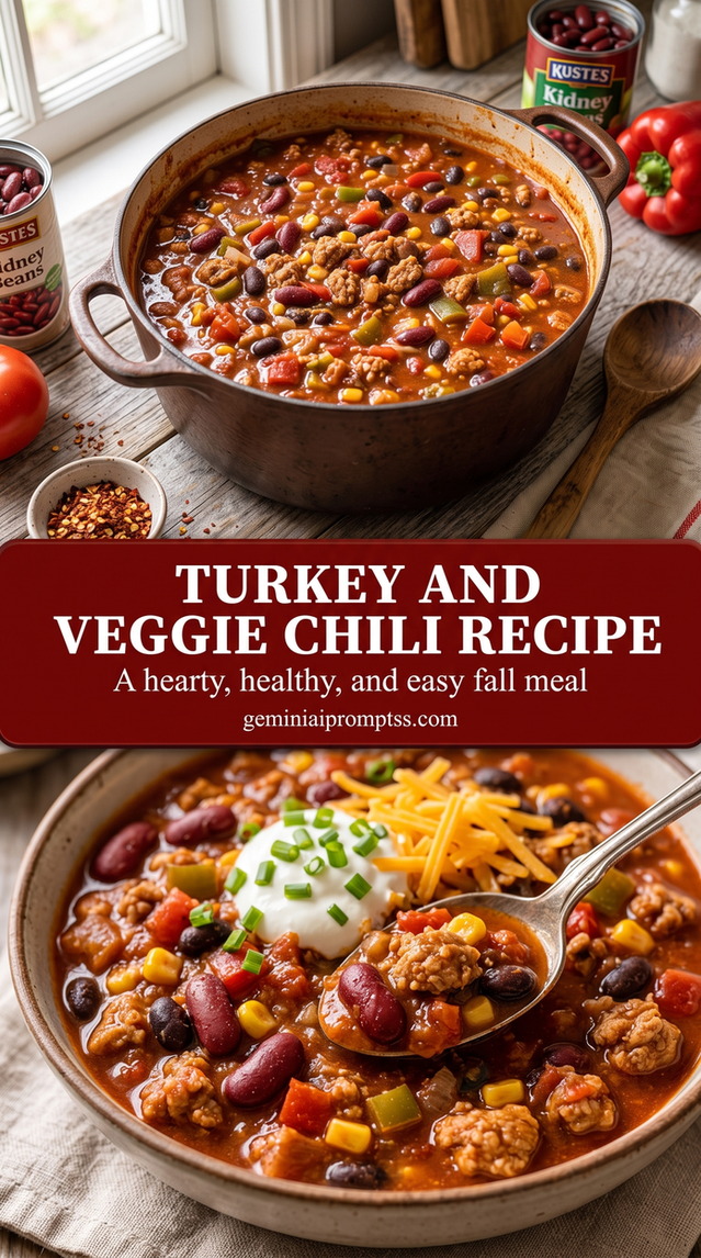 turkey and veggie chili recipe with a turkey and vegetable chili with ground turkey, kidney beans, tomato, corn, peppers, zucchini or celery, sour cream, cheddar, and chives