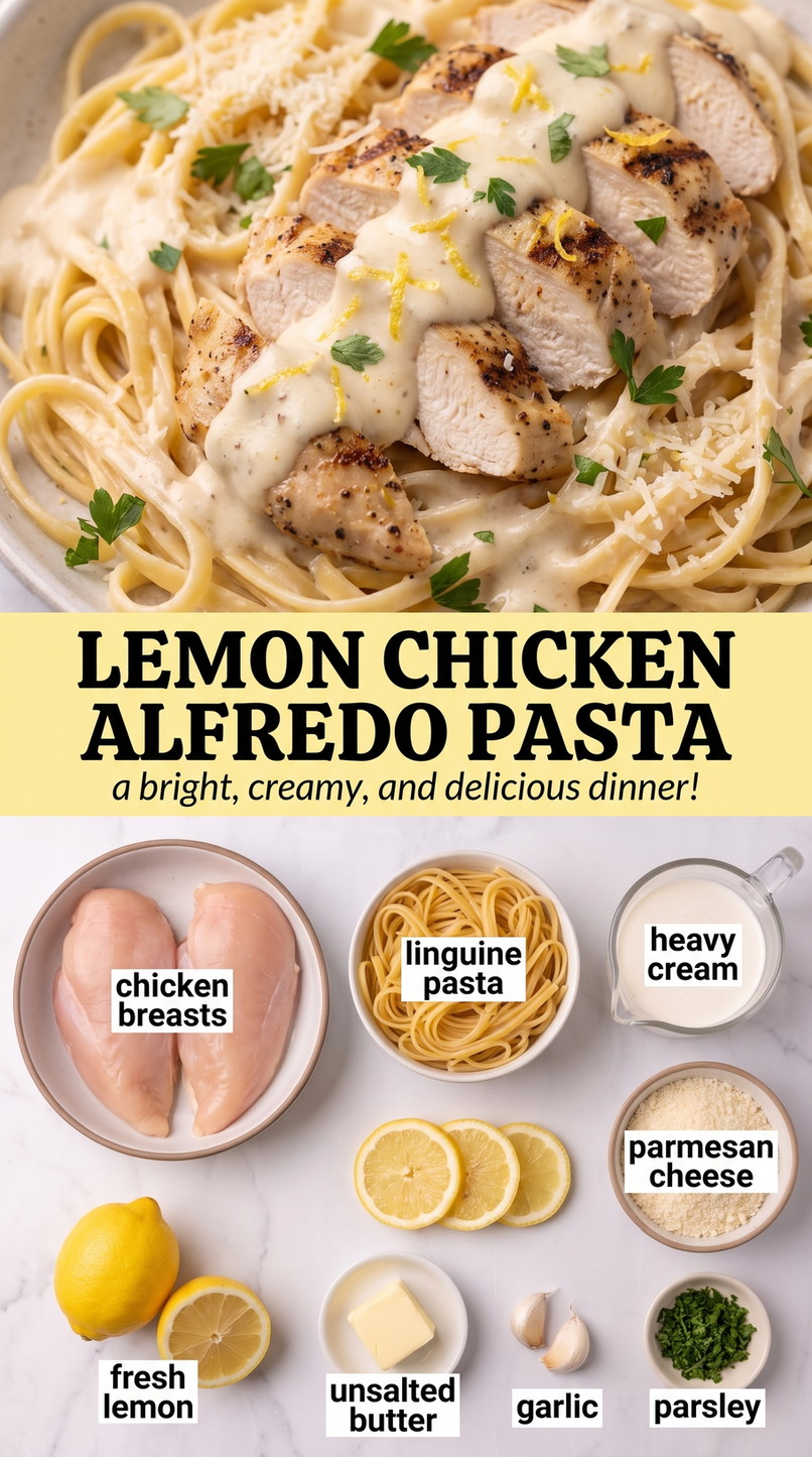 Lemon chicken alfredo pasta showing creamy pasta coated in Parmesan sauce with tender chicken