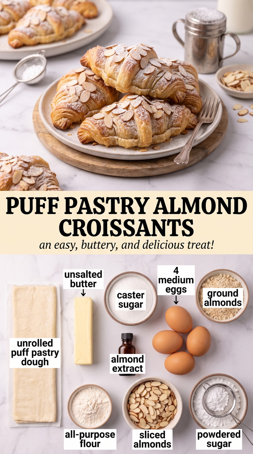 Puff Pastry Almond Croissant Recipe showing easy puff-pastry almond croissants with almond filling and sliced almonds