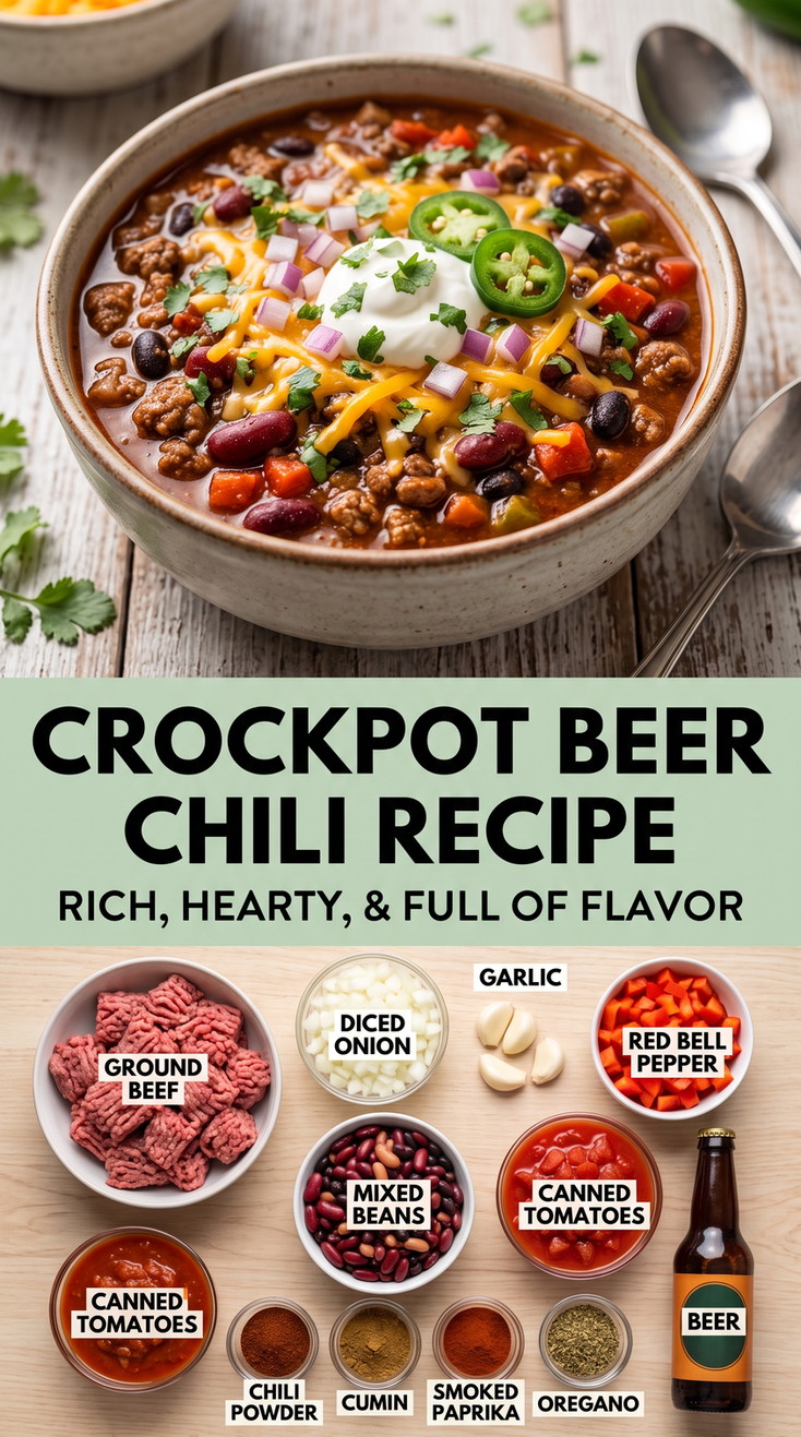 Crockpot Beer Chili Recipe with beer chili with beef, mixed beans, tomatoes, red pepper, onion, garlic, cumin, paprika, and oregano