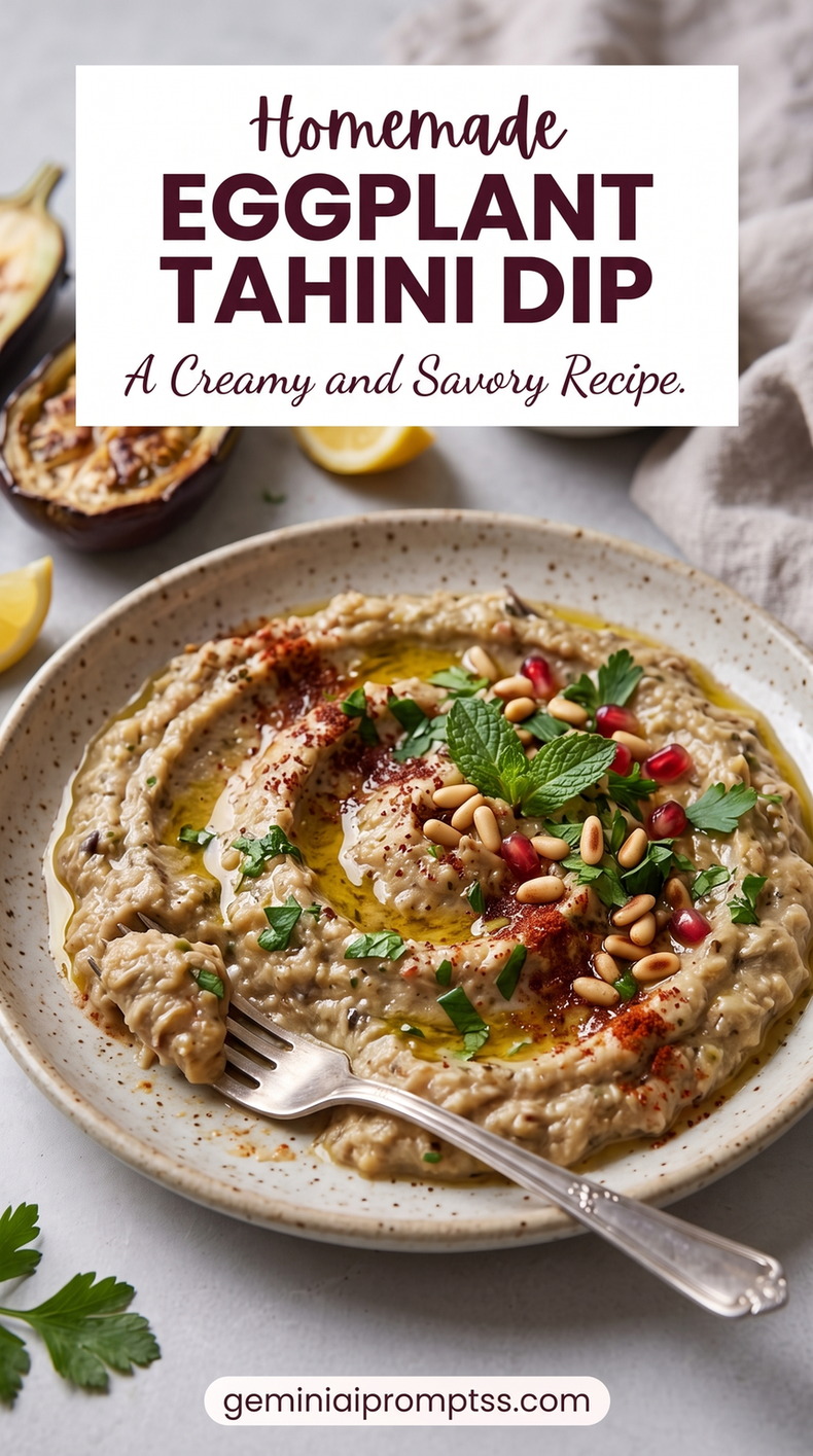 Creamy Eggplant Tahini Dip showing creamy eggplant tahini dip with oil, pine nuts, pomegranate, and herbs