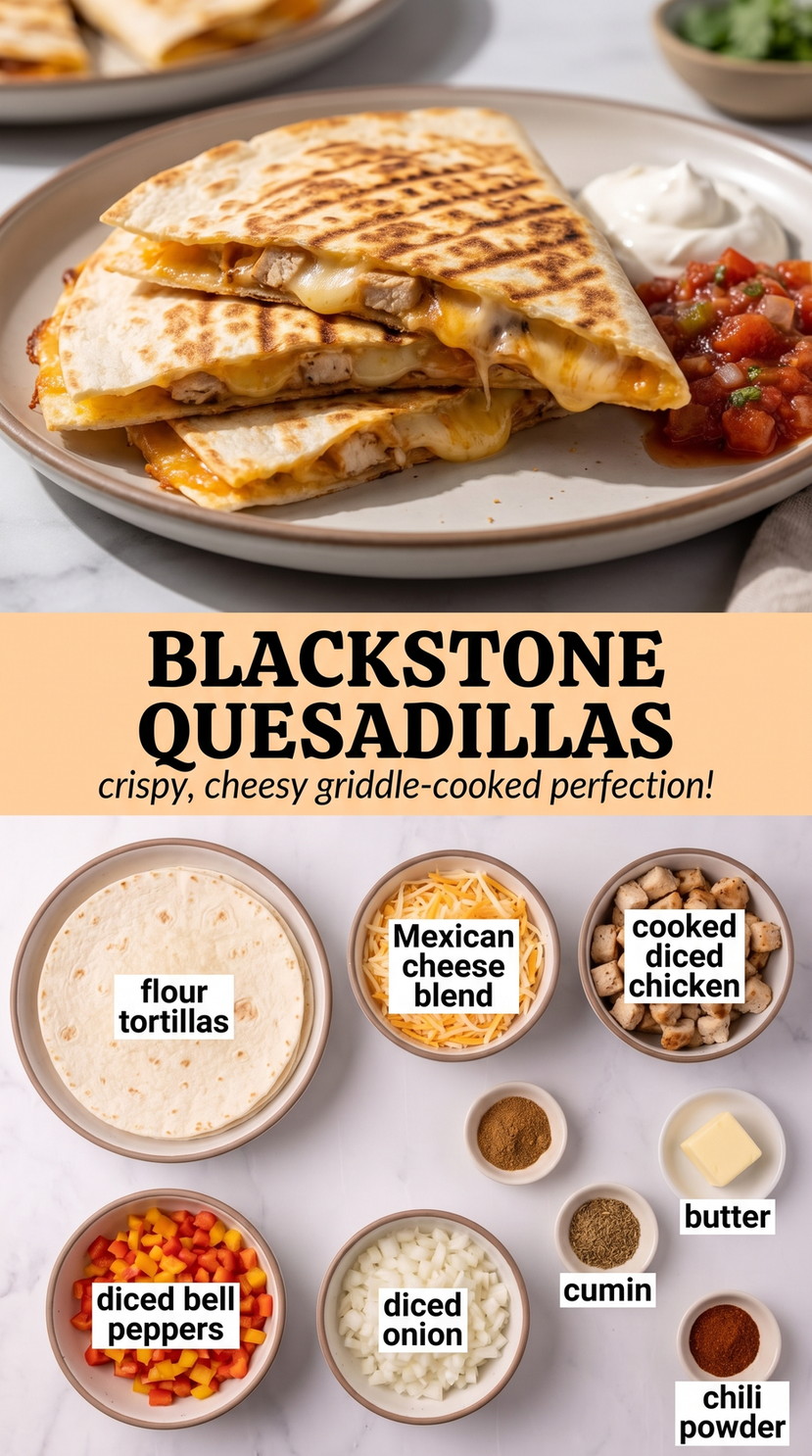 Blackstone Chicken Quesadillas - golden crisp quesadilla wedges with melted cheese and a savory filling