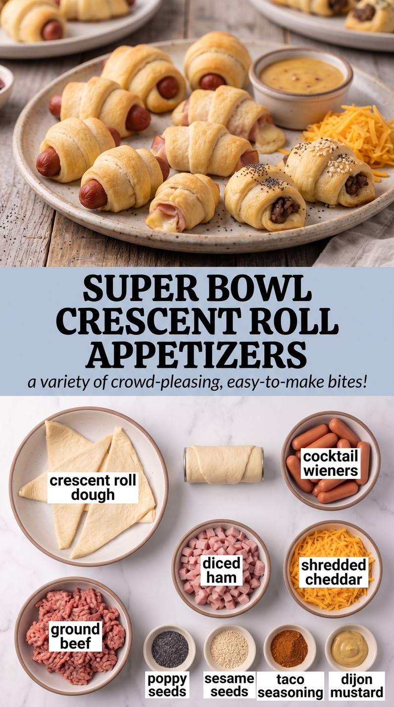 Super Bowl Crescent Roll Appetizers with an assortment of crescent-roll appetizers filled with cocktail wieners, ham and cheddar, or taco-seasoned beef, finished with mustard and seeds