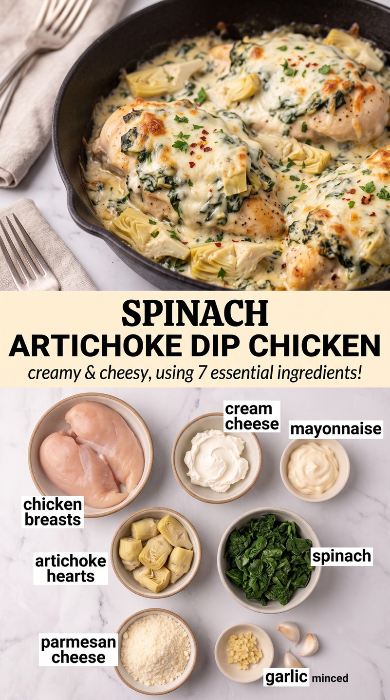Spinach artichoke dip chicken finished dish made with chicken breasts, cream cheese, and mayonnaise