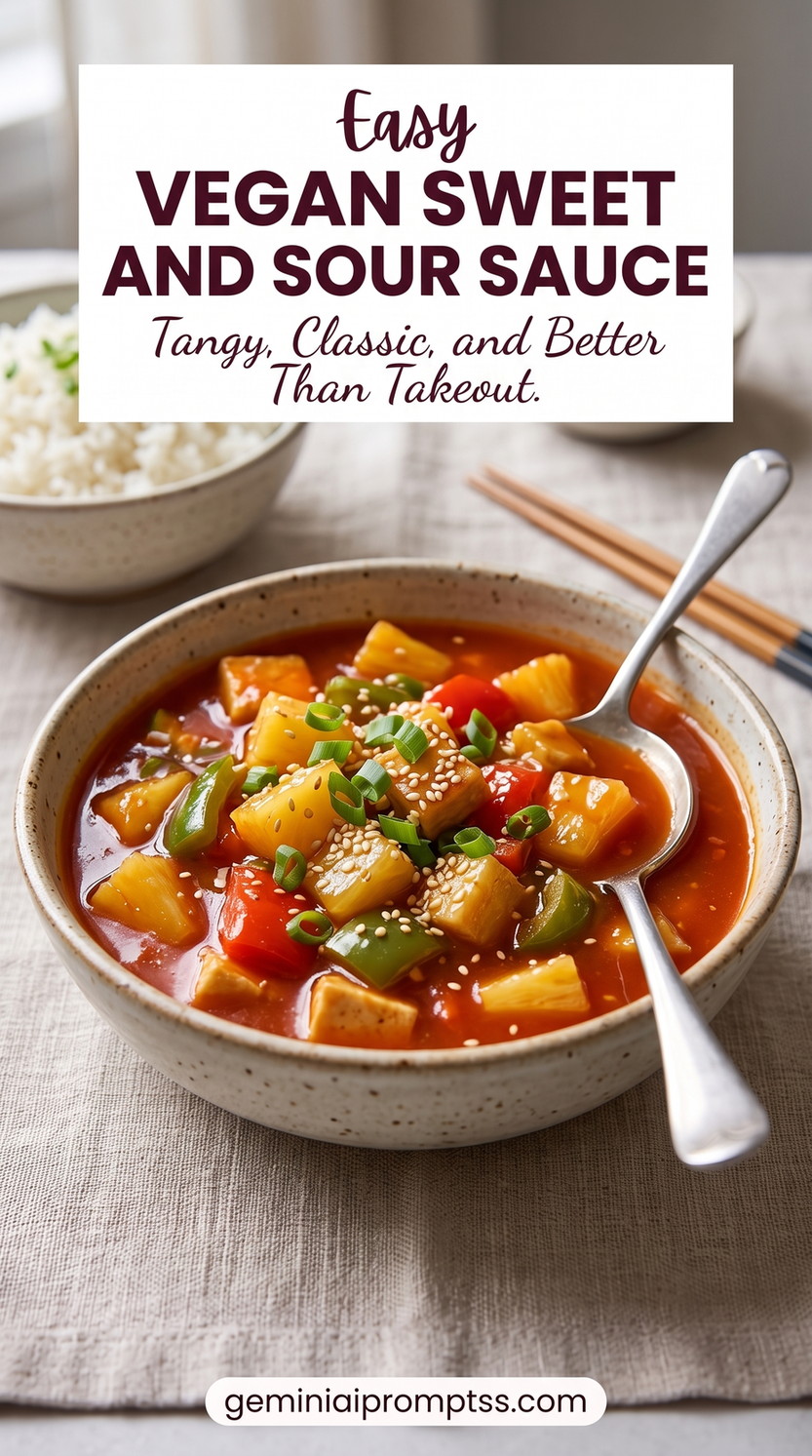 Vegan sweet and sour sauce showing a fully vegan sauce dish with tofu, pineapple, peppers, sesame, and scallions