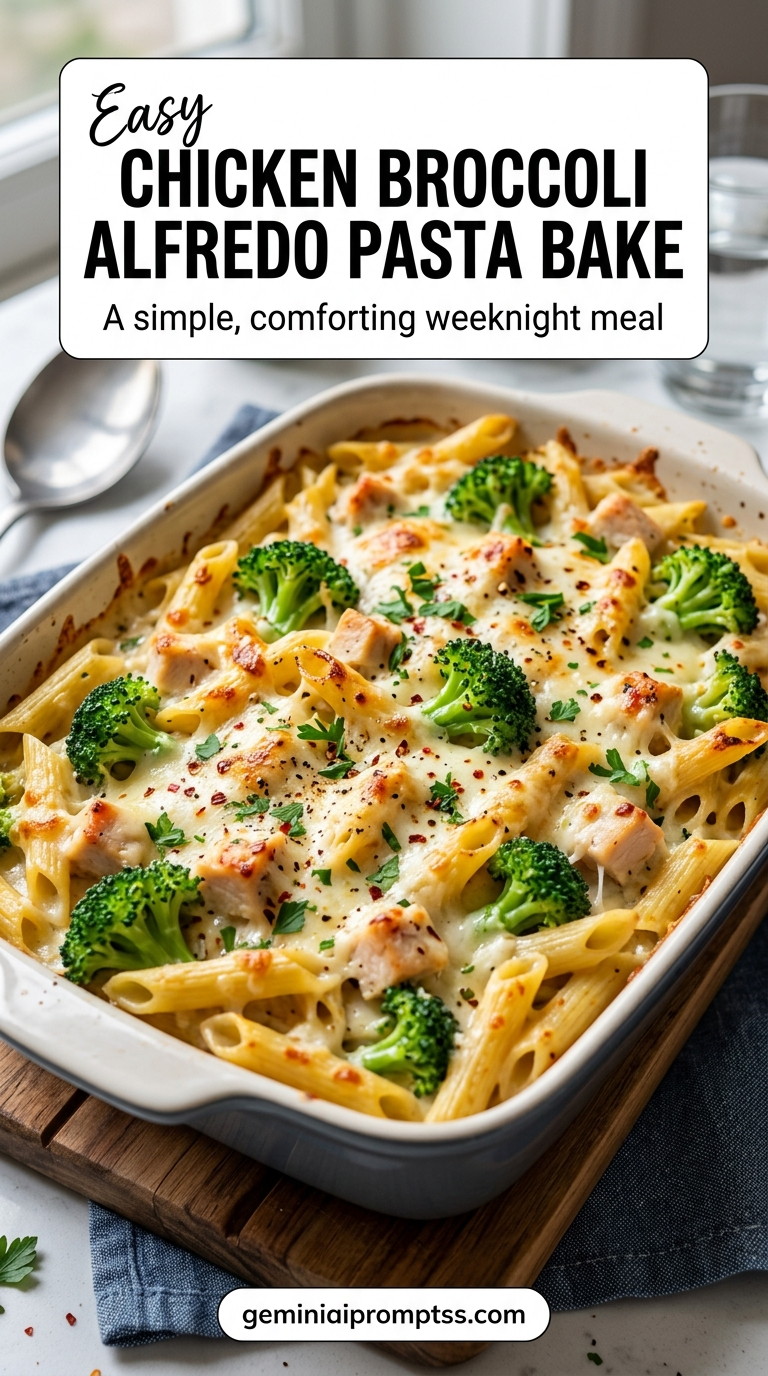 Chicken Broccoli Alfredo Pasta Bake finished dish with broccoli florets