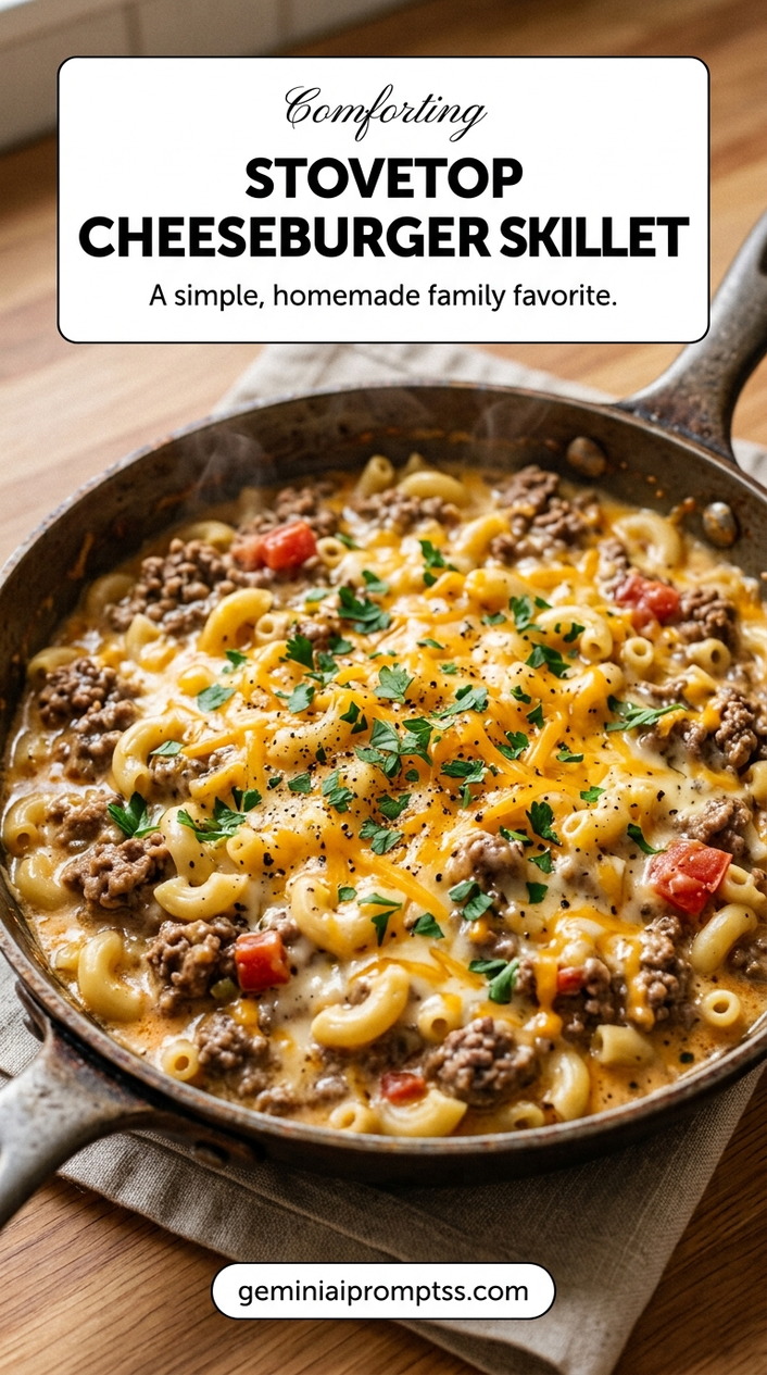 Stovetop Hamburger Meat Recipes showing a creamy stovetop cheeseburger macaroni skillet with ground beef, tomatoes or red pepper, melted cheddar, and parsley