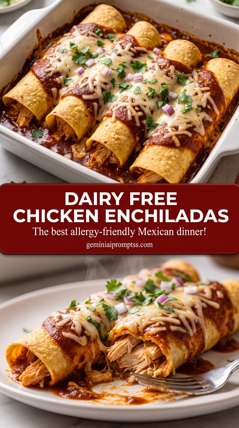 Dairy free chicken enchiladas showing baked chicken enchiladas covered with bubbling sauce and melted cheese