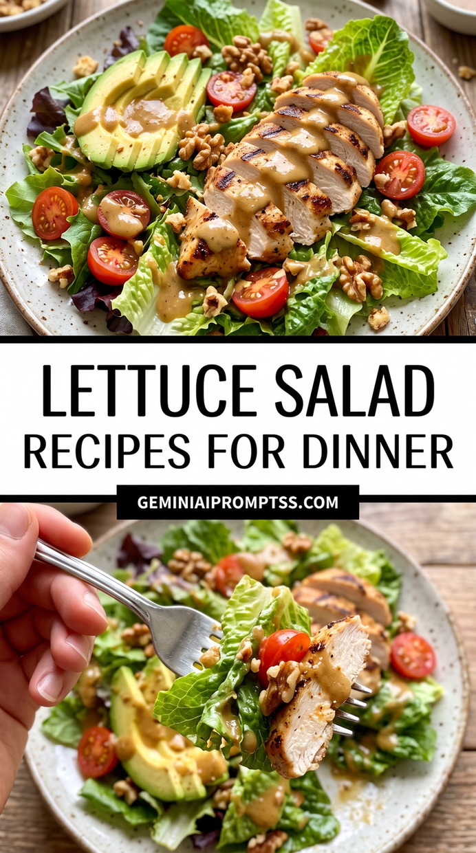 Lettuce Salad Recipes For Dinner showing large lettuce dinner salad topped with sliced grilled chicken, avocado, tomatoes and nuts