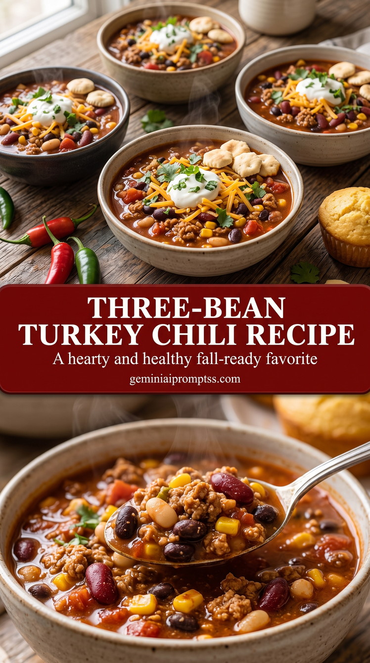 three-bean turkey chili recipe with a three-bean turkey chili with kidney beans, black beans, white beans, corn, tomato, cheddar, sour cream, and green herbs