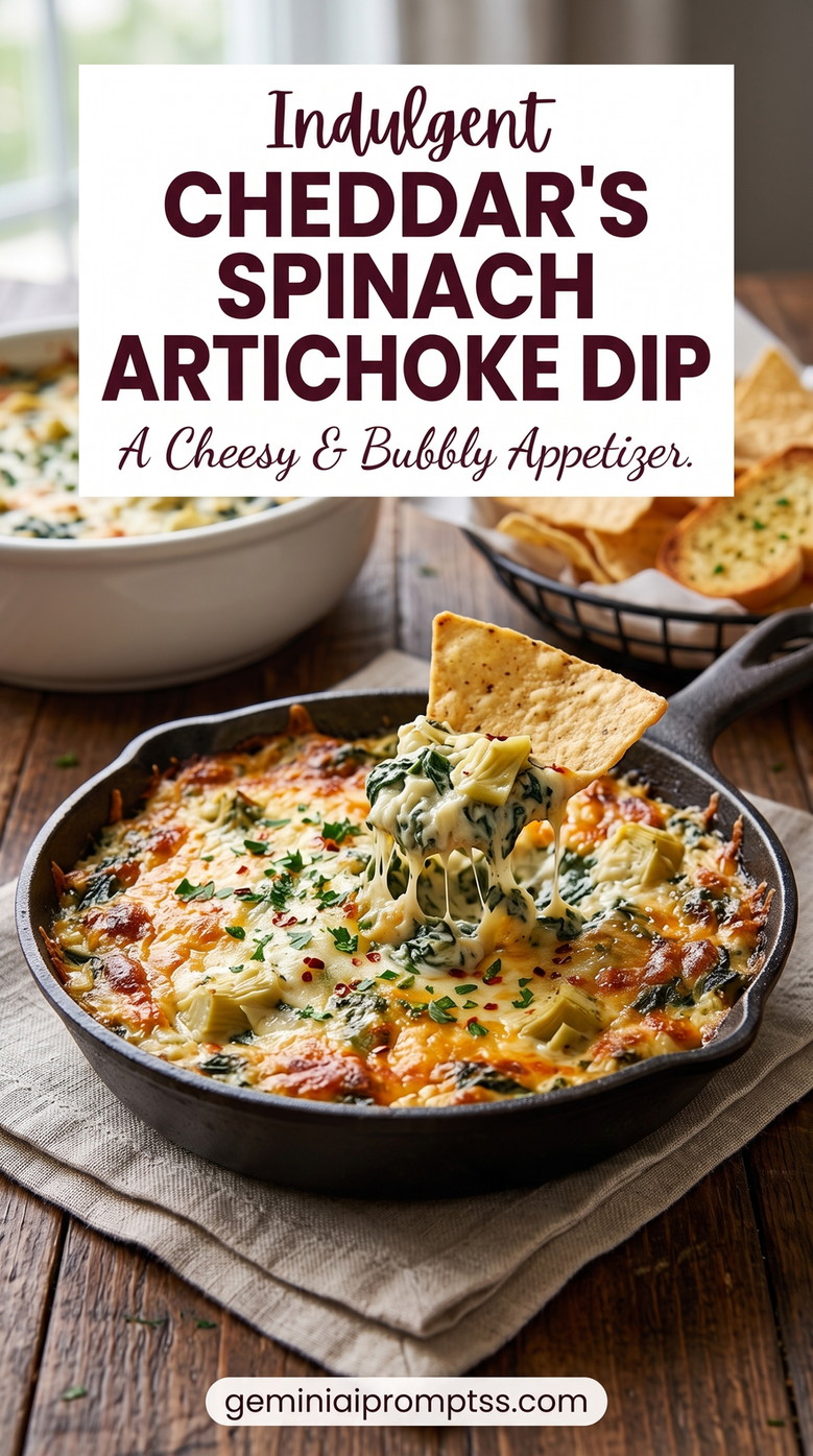 Cheddar's spinach artichoke dip showing a copycat-inspired cheddar-and-mozzarella skillet dip with a bubbly browned top