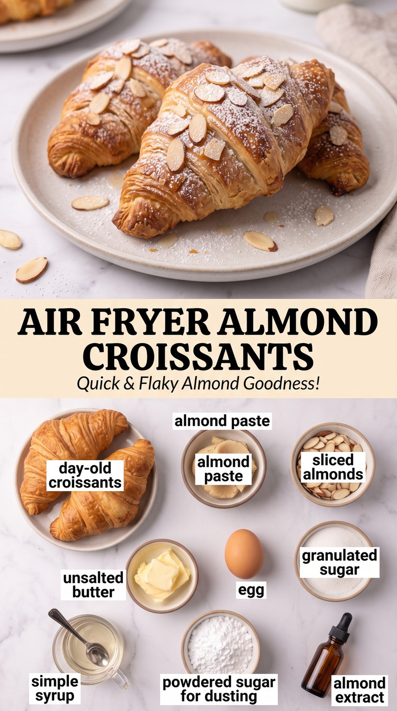 Air Fryer Almond Croissant Recipe showing almond croissants with crisp air-fried edges, almond paste filling and sliced almonds