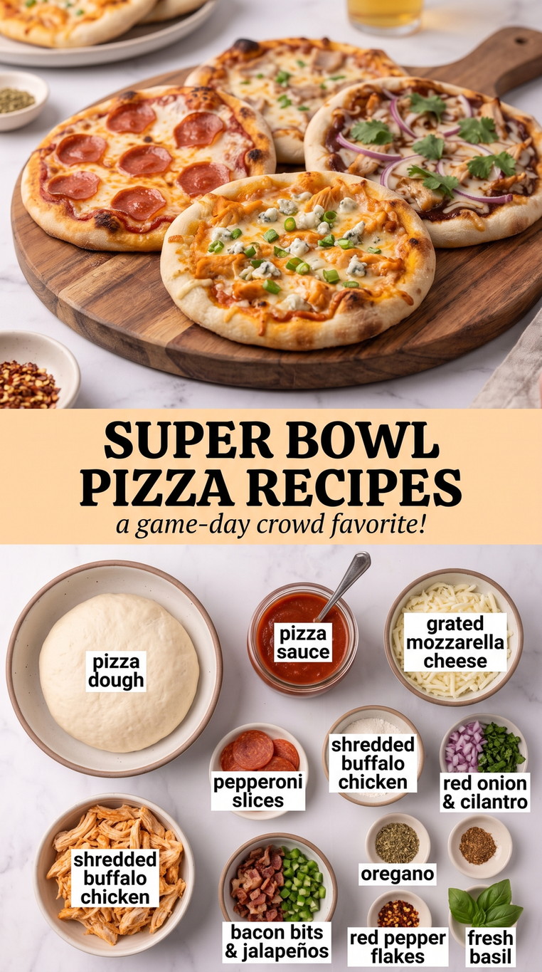 Super Bowl Pizza Recipes with a game-day mini-pizza assortment with pepperoni, buffalo chicken and red onion, and bacon-jalapeño toppings