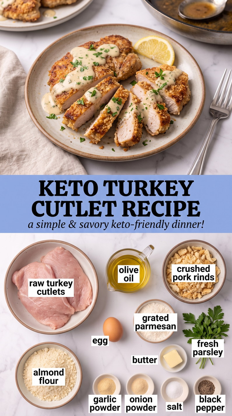 Keto Turkey Cutlets with Almond-Herb Crust prepared as a finished keto turkey cutlet recipe recipe with browned cutlets ready to serve