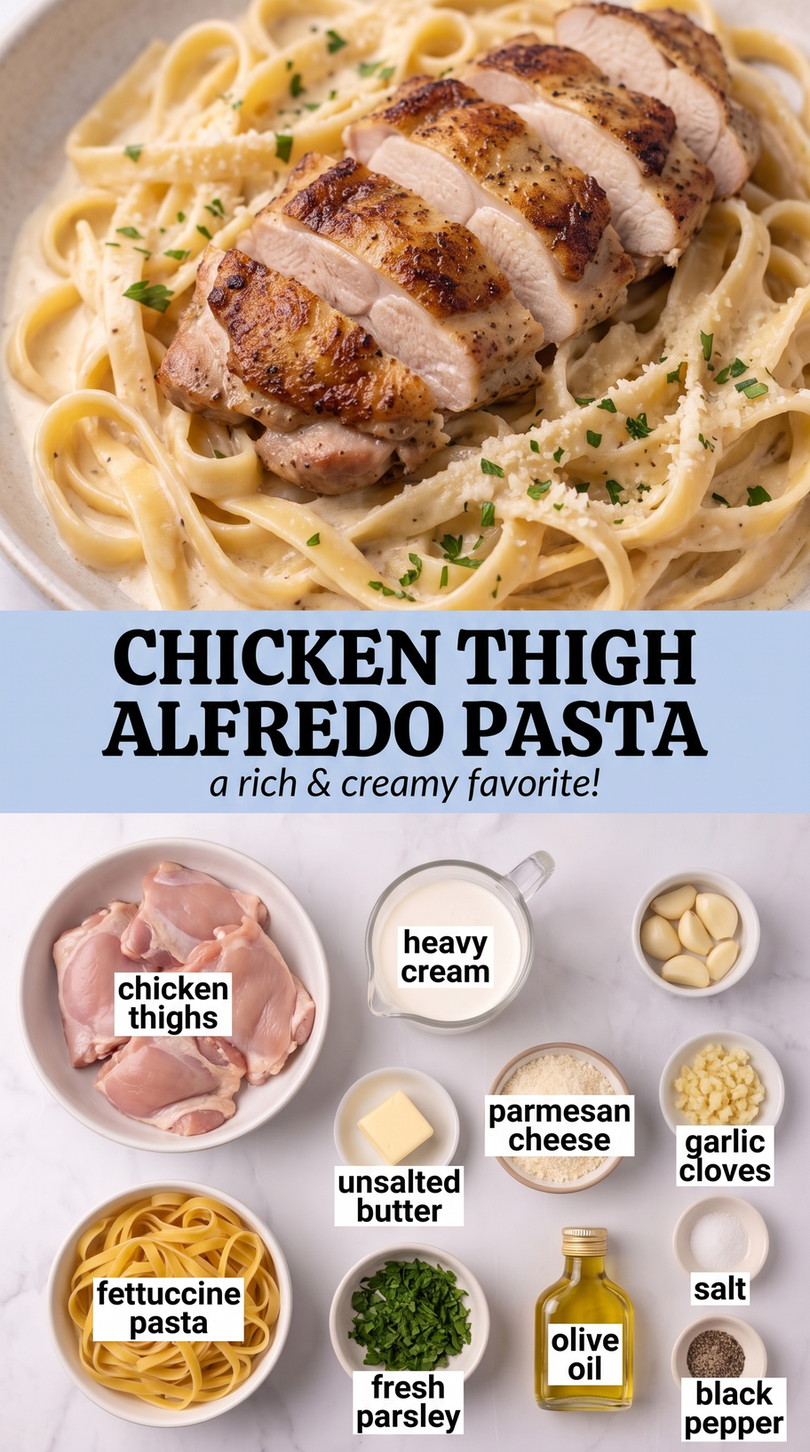 Chicken thigh alfredo pasta showing creamy pasta coated in Parmesan sauce with tender chicken