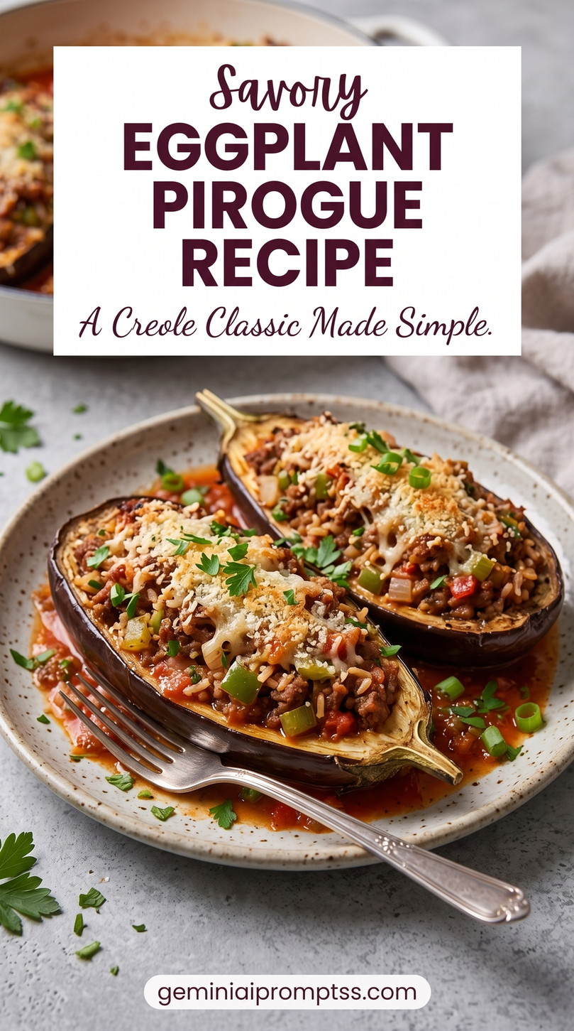 Creole Eggplant Pirogue with Shrimp and Rice showing split eggplant pirogues filled Creole-style with shrimp, rice, peppers, crumbs, and herbs