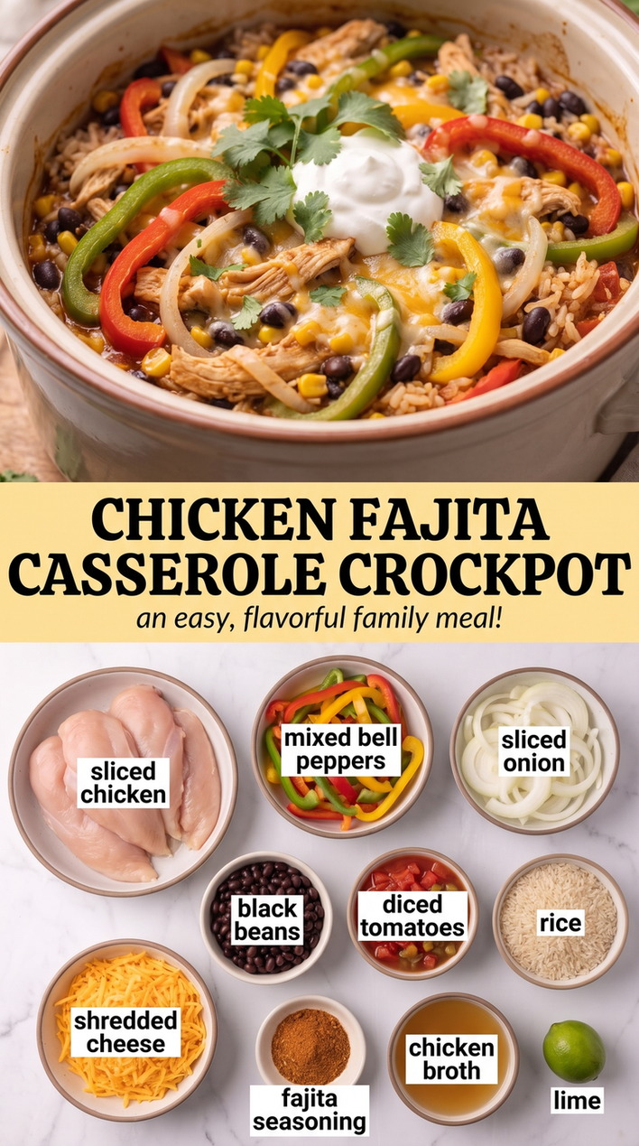Crockpot Chicken Fajita Casserole - sizzling fajita-style protein with colorful peppers and onions