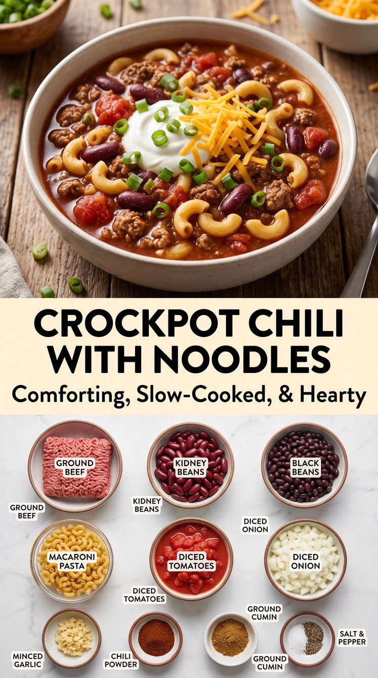 Crockpot Chili with Noodles with crockpot chili with elbow noodles, beef, kidney beans, black beans, tomatoes, onion, garlic, and cumin