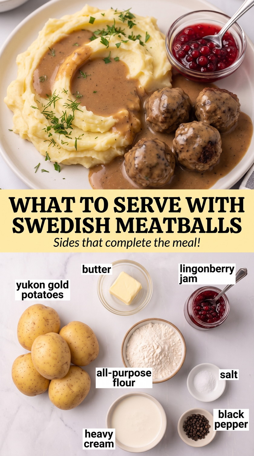 What to serve with Swedish meatballs finished dish made with Yukon Gold potatoes, butter, and lingonberry jam