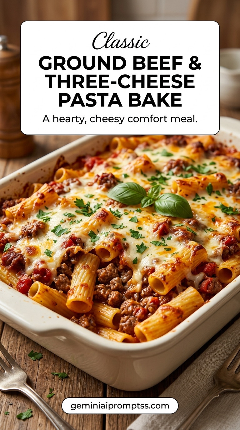 Hamburger Meat Pasta Recipes showing a ground-beef three-cheese rigatoni bake with tomato sauce, mozzarella, ricotta, Parmesan, and basil