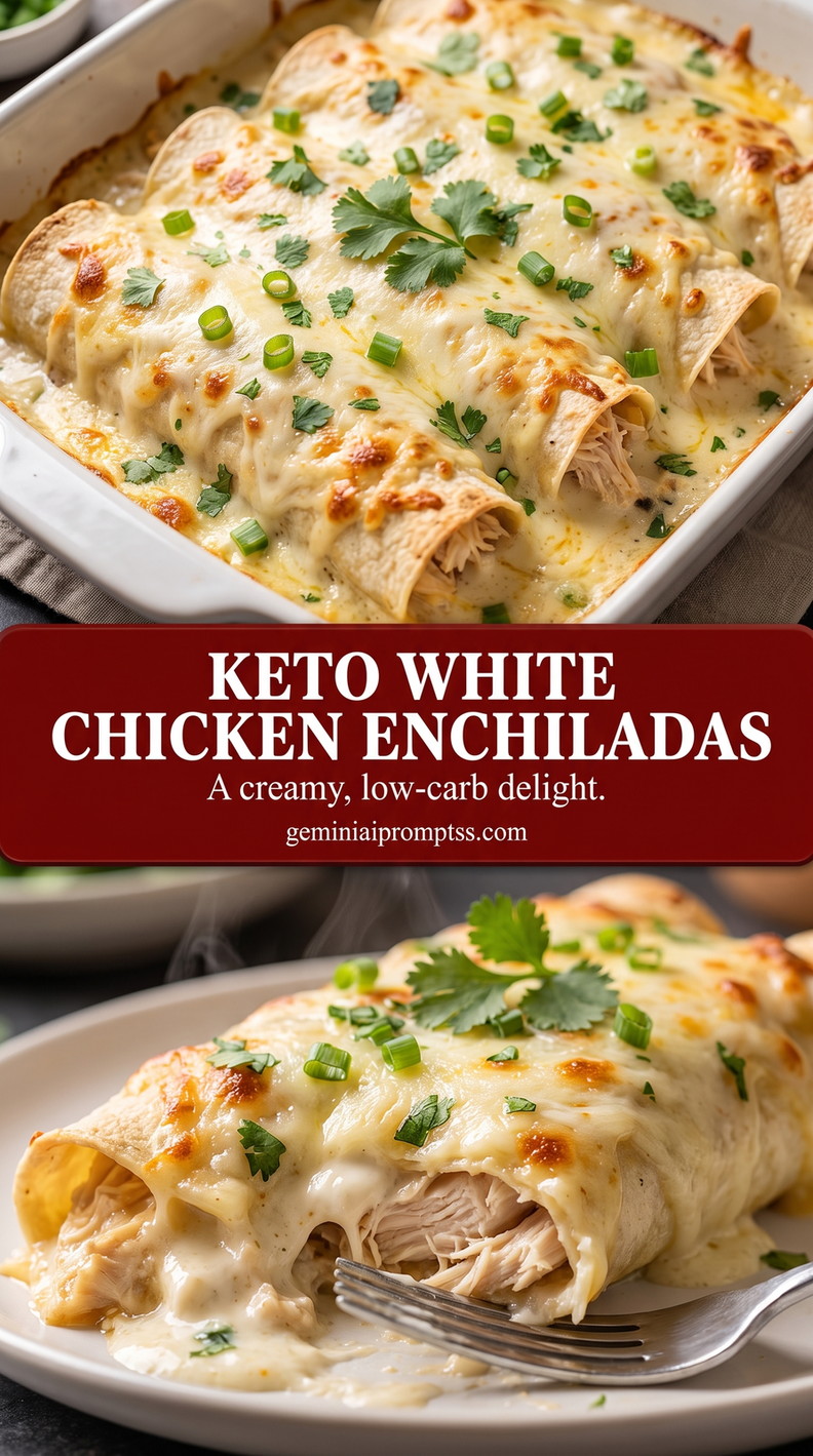 Keto white chicken enchiladas showing baked chicken enchiladas covered with bubbling sauce and melted cheese