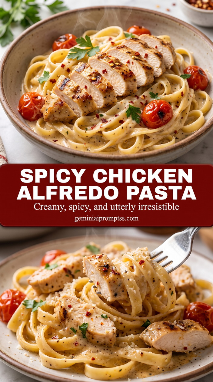 spicy chicken Alfredo pasta with red pepper with creamy pasta, chicken, red pepper, and Parmesan