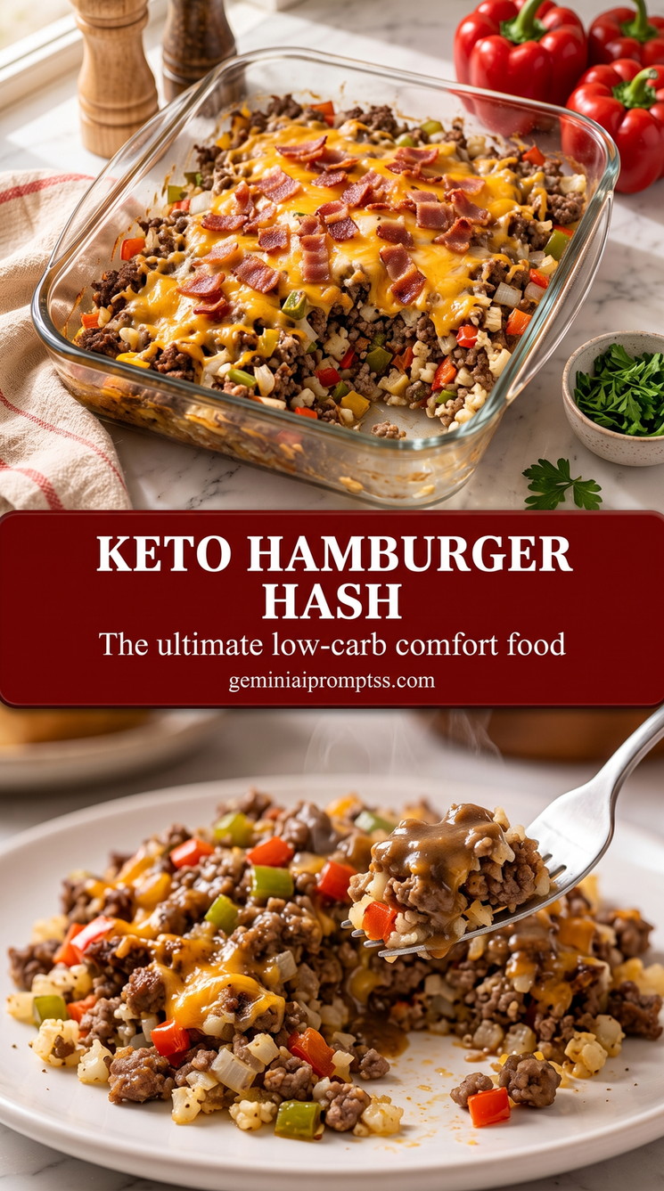 keto hamburger hash with a keto hamburger hash with ground beef, cauliflower rice, red and green peppers, bacon, melted cheddar, and herbs