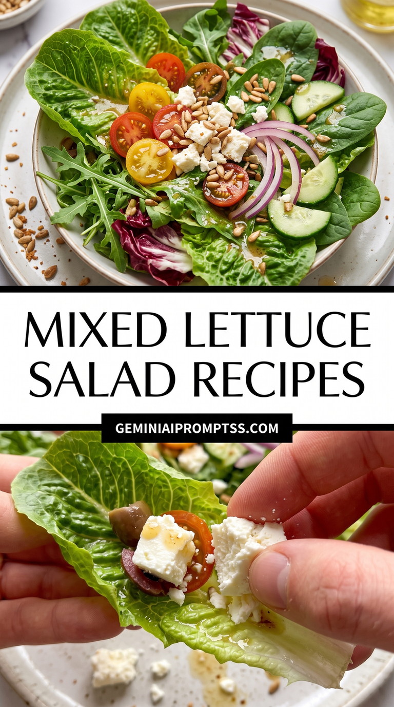 Mixed Lettuce Salad Recipes showing mixed lettuce colors with cucumber, tomatoes, red onion, feta and nuts