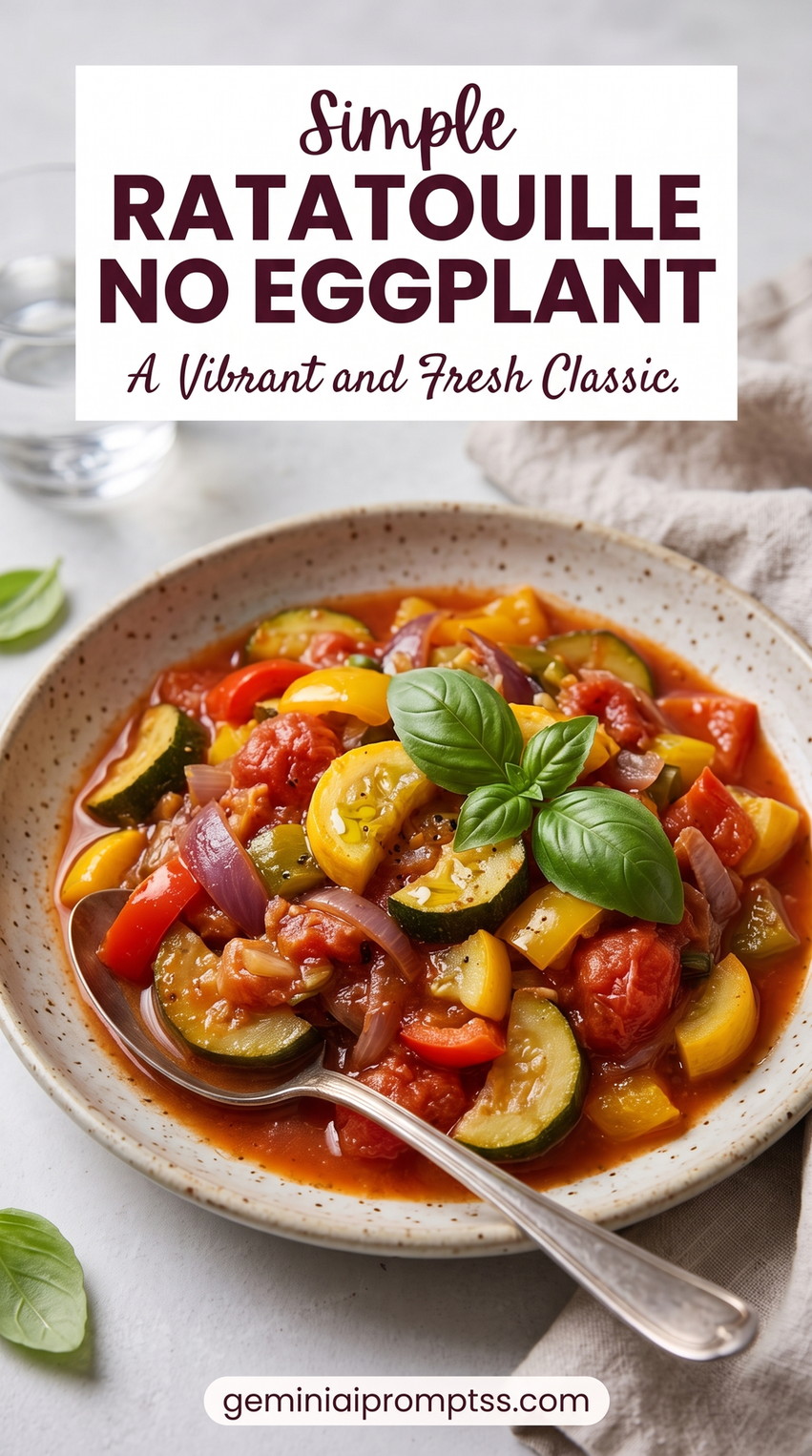 Ratatouille without Eggplant showing ratatouille without eggplant using zucchini, yellow squash, bell peppers, tomato, onion, and basil