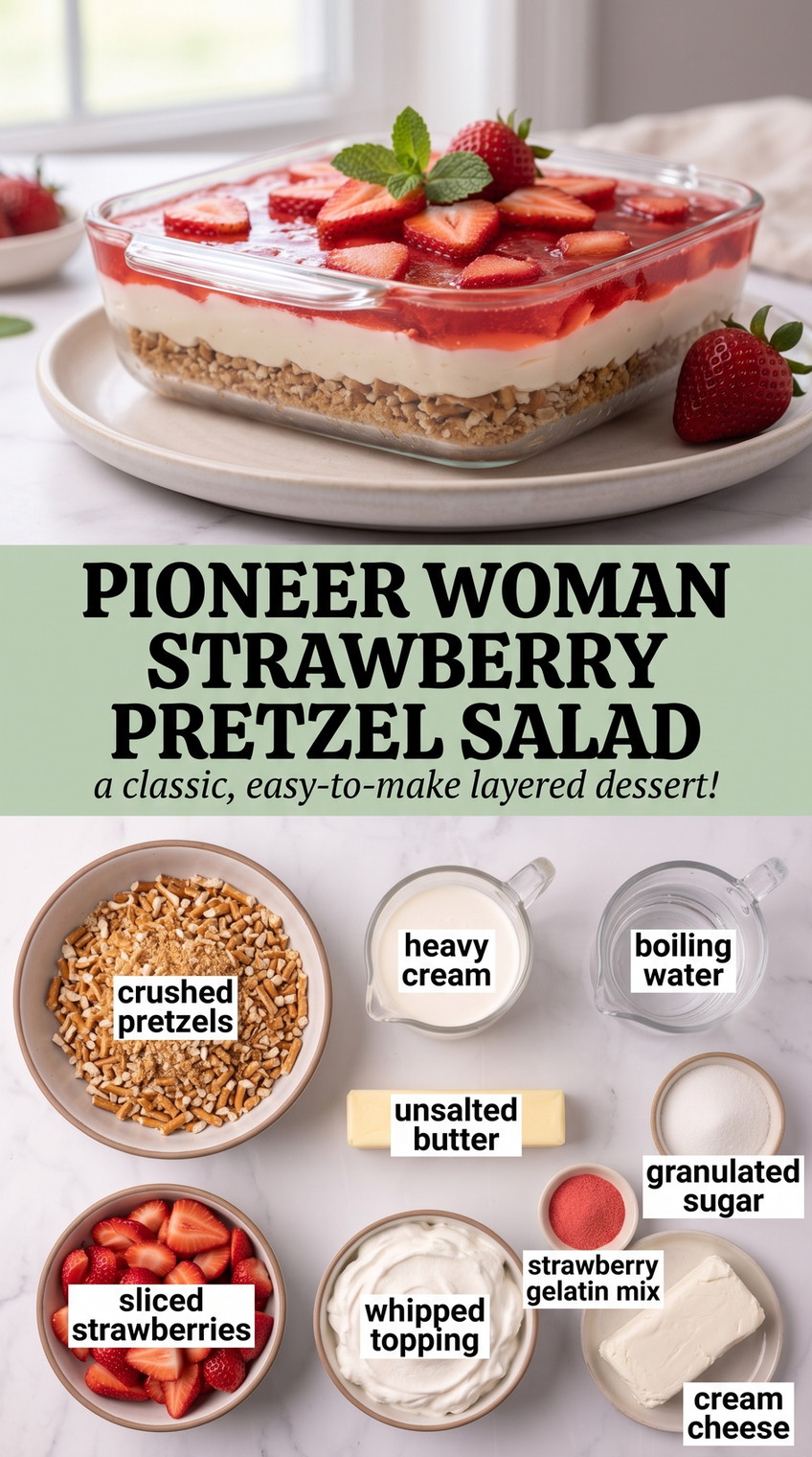 Pioneer Woman Strawberry Pretzel Salad with classic strawberry pretzel salad with a buttery pretzel crust, rich cream layer, and fresh strawberry gelatin