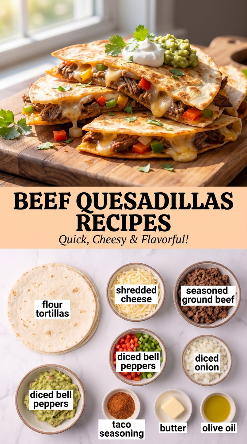Seasoned Beef and Pepper Quesadillas - golden crisp quesadilla wedges with melted cheese and a savory filling