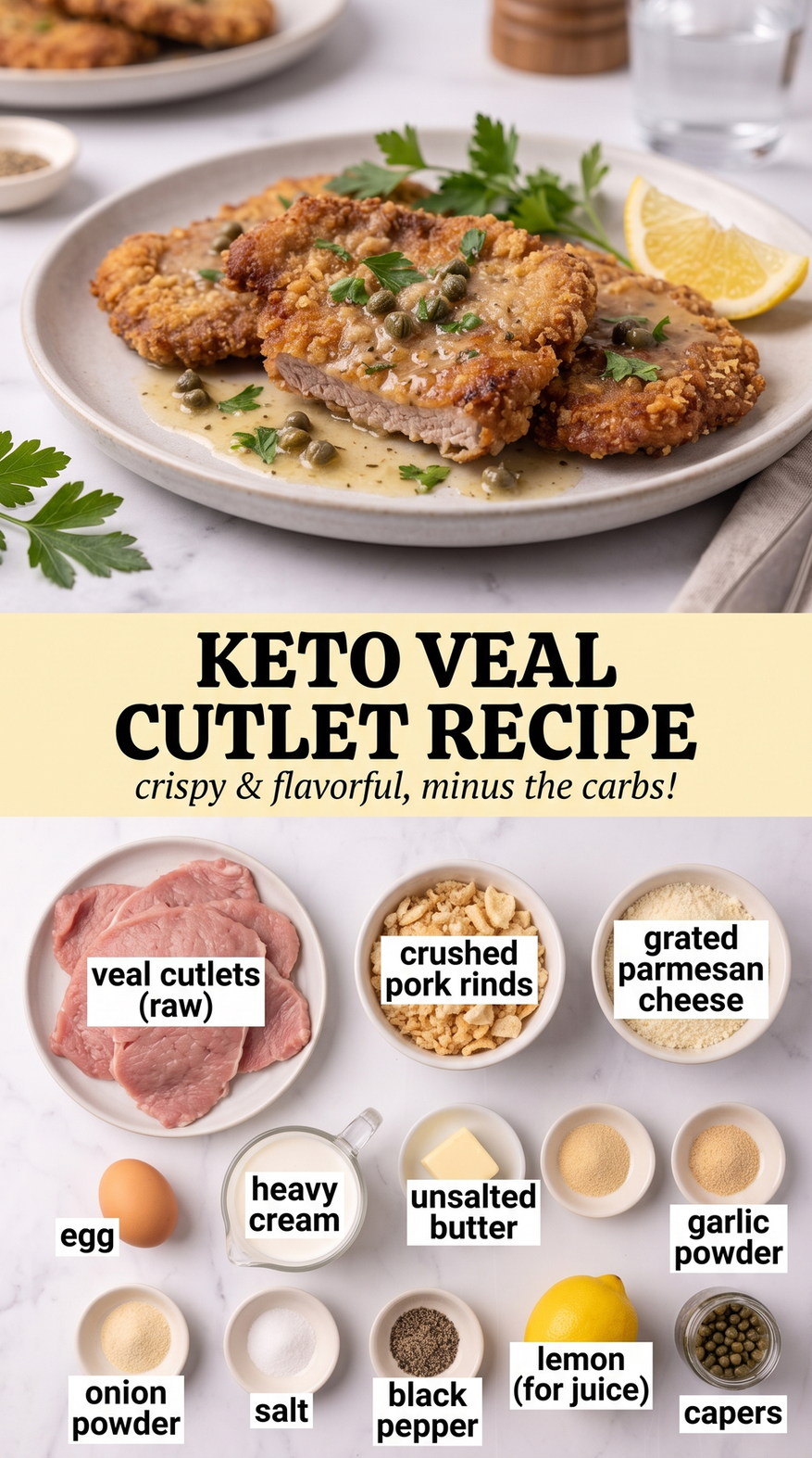 Keto Veal Cutlets with Parmesan Crust prepared as a finished keto veal cutlet recipe recipe with browned cutlets ready to serve