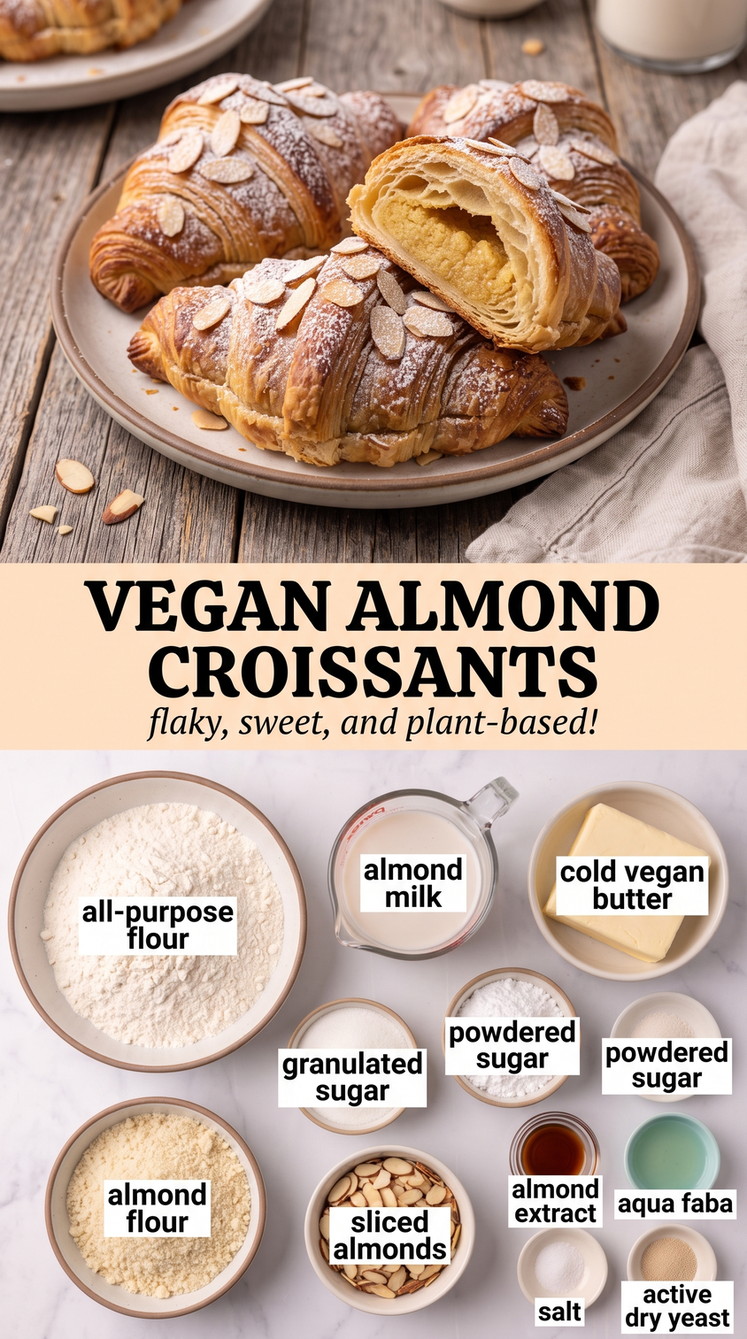 Vegan Almond Croissant Recipe showing flaky vegan almond croissants with almond filling and sliced almonds