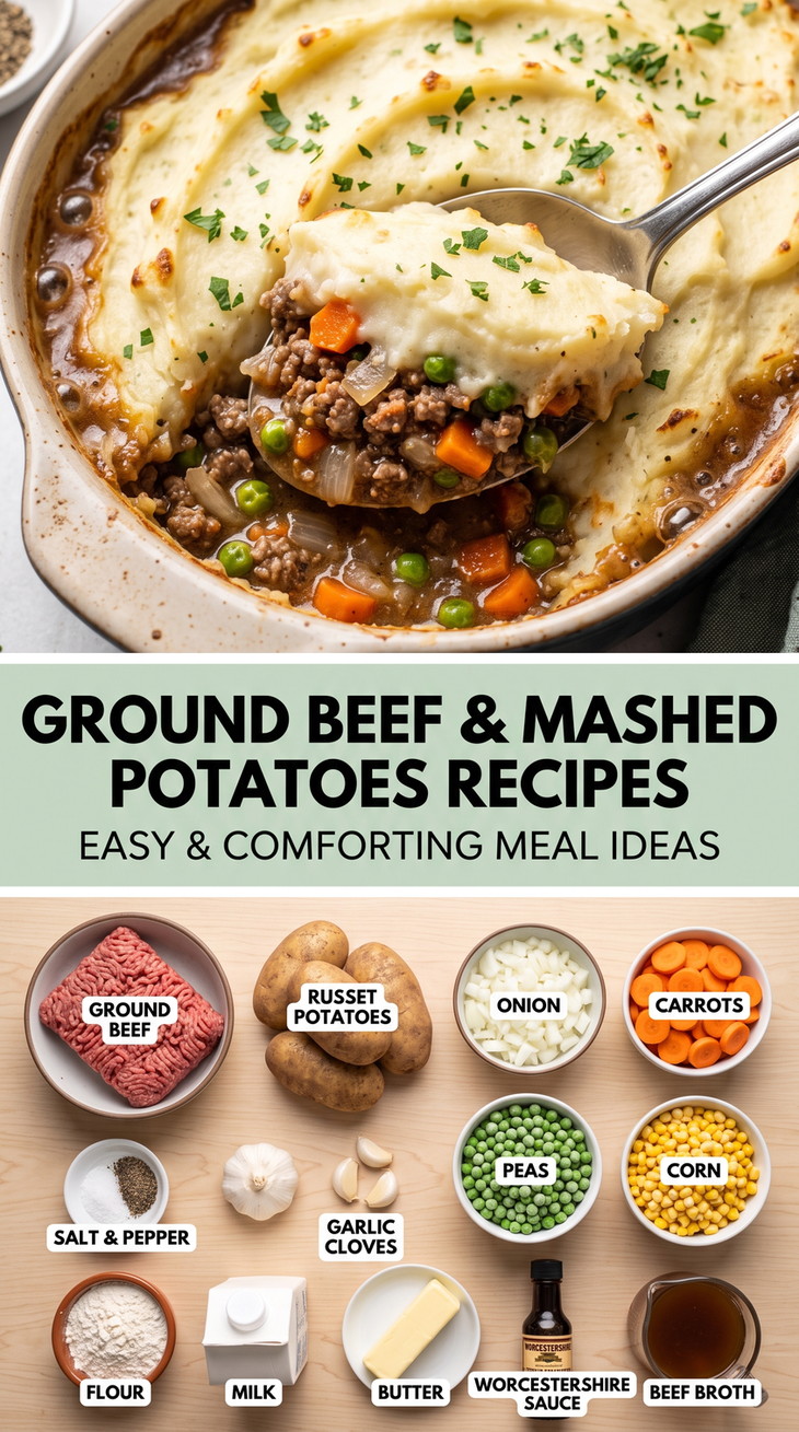 Hamburger Meat and Mashed Potatoes Recipes with ground beef and vegetables under creamy mashed potatoes