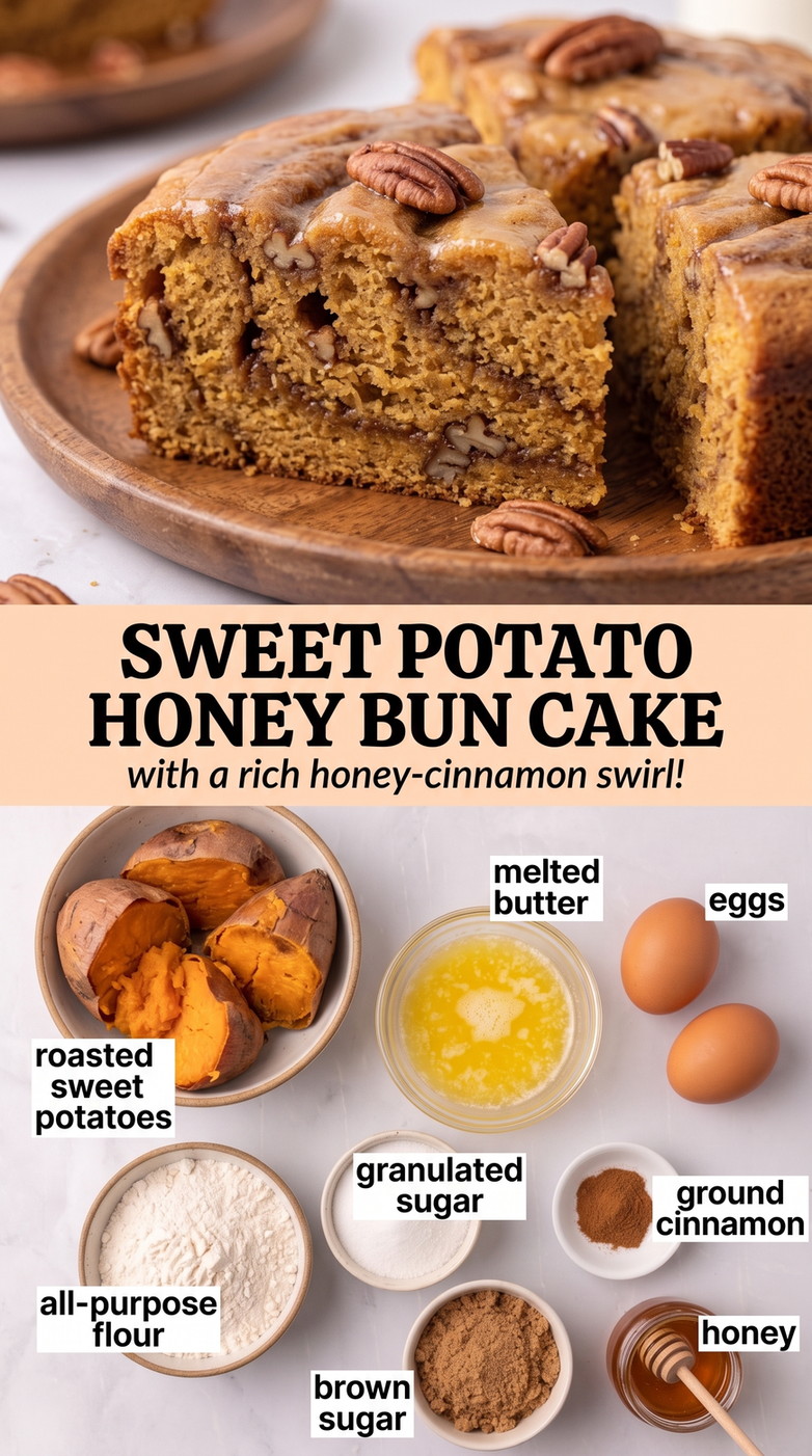 Sweet potato honey bun cake recipe finished dish made with roasted sweet potatoes, melted butter, and eggs