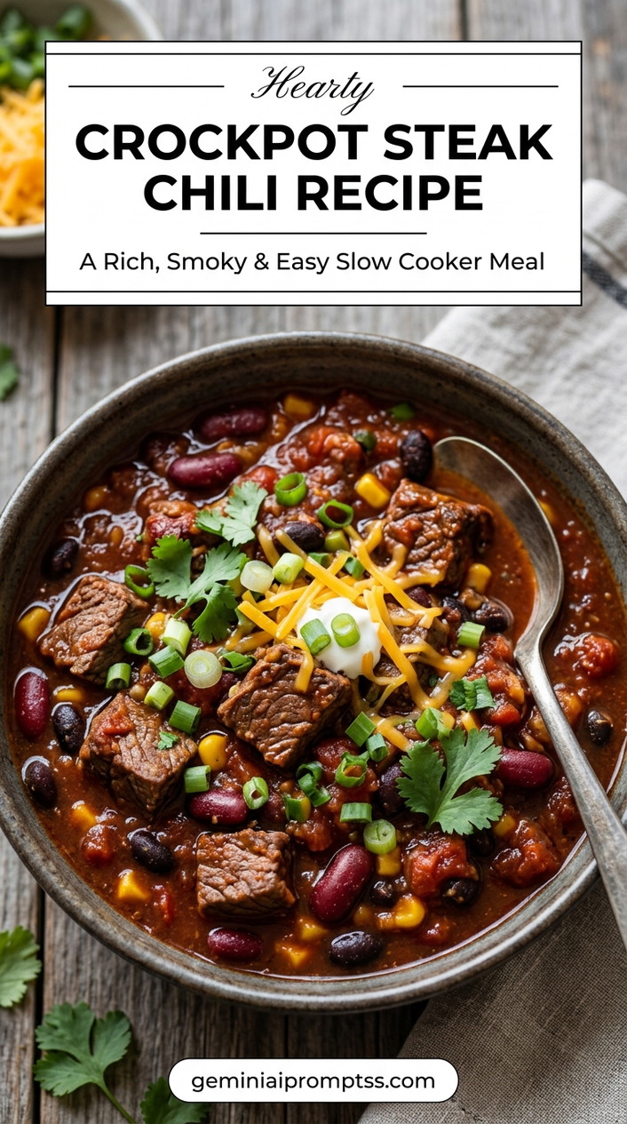Crockpot Steak Chili Recipe showing crockpot steak chili with tender beef cubes, kidney and black beans, corn, peppers, cheddar, sour cream, scallions, and cilantro
