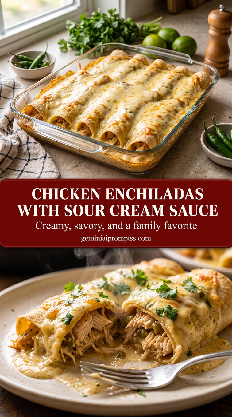 Chicken Enchiladas with Sour Cream Green Chile Sauce finished dish with chicken enchiladas with sour cream green chile sauce
