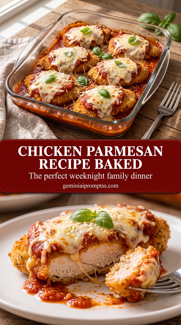 Chicken Parmesan Recipe Baked with golden Parmesan-crusted chicken with a crisp crumb surface and a tender white center under red sauce and melted cheese