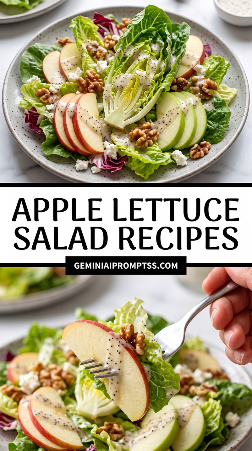 Apple Lettuce Salad Recipes showing lettuce and radicchio with fan-cut apple slices, walnuts and crumbled white cheese