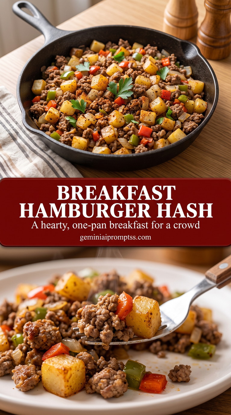 breakfast hamburger hash with a breakfast hamburger hash with ground beef, crisp potato cubes, red and green peppers, onion, and herbs