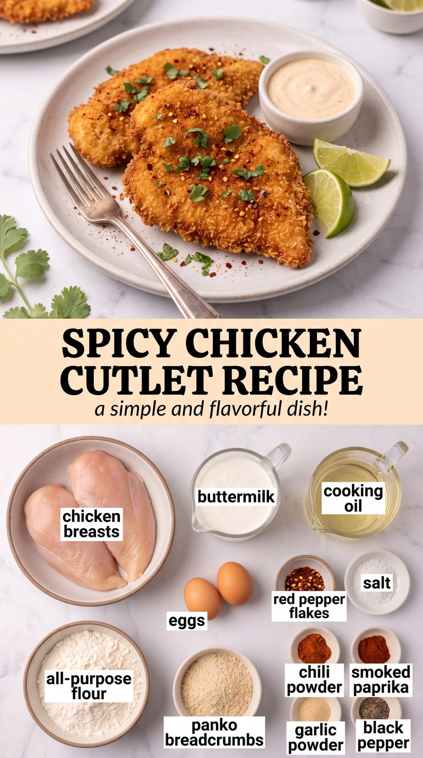 Spicy Chicken Cutlets with Chili-Lime Crust prepared as a finished spicy chicken cutlet recipe recipe with browned cutlets ready to serve