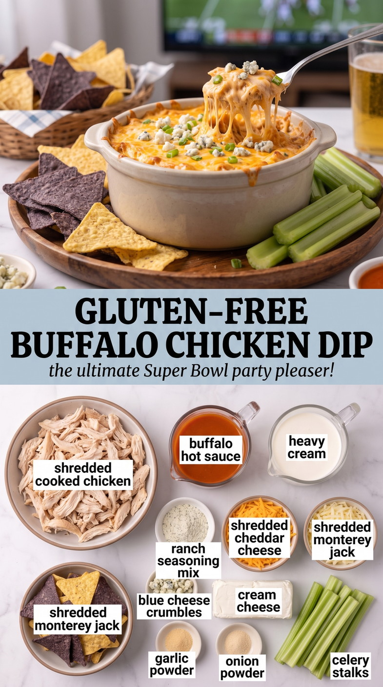 Gluten-free Super Bowl Appetizers with gluten-free buffalo chicken dip with cream cheese, cheddar, Monterey Jack, blue cheese, ranch seasoning, celery, and tortilla chips