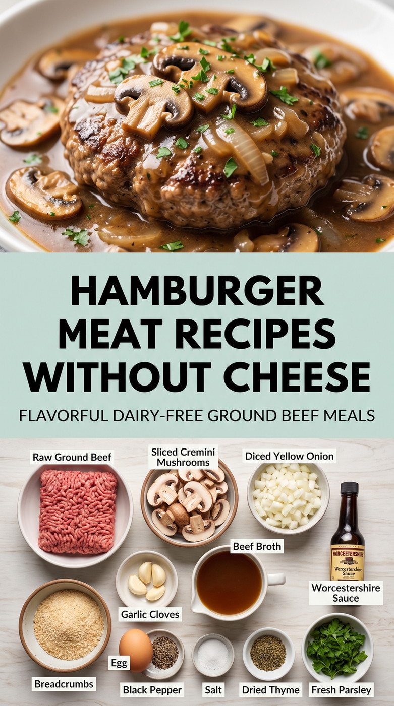 Hamburger Meat Recipes without Cheese with cheese-free hamburger patties with mushrooms, onions, brown gravy, thyme, and parsley