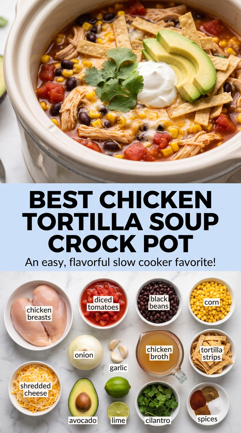 Best chicken tortilla soup crock pot showing a tomato-based chicken soup with corn, beans, avocado, and crisp tortilla strips